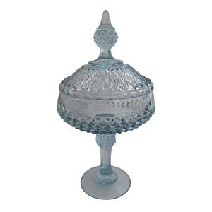 Indiana Glass Diamond Point Ice Blue Pedestal Candy Dish Compote w/ Lid 12" EUC